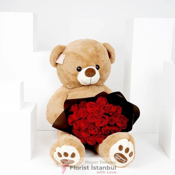 Teddy Bear & 25 Roses Bouquet Resim 1