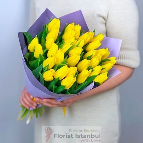 Yellow Tulip Bouquet 30 Tulips Resim 1