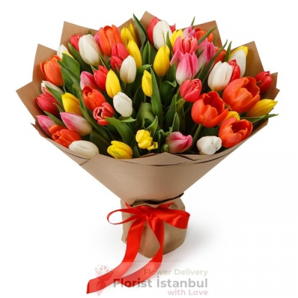 Gemischter Tulpenstrauß 40 Tulpen Resim 1