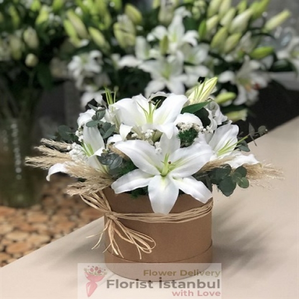 Белые лилии Цветы в коробке Resim 1