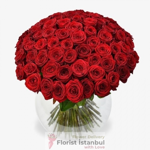 100 rote Rosen in Vase Resim 1