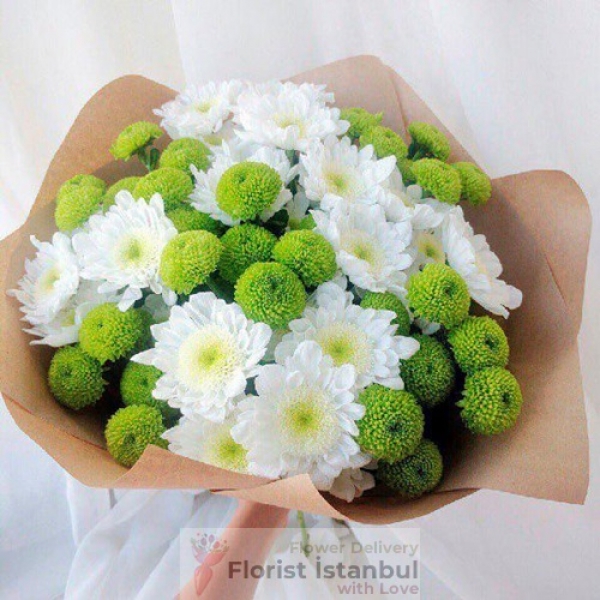 Green & White Daisy Bouquet Resim 1